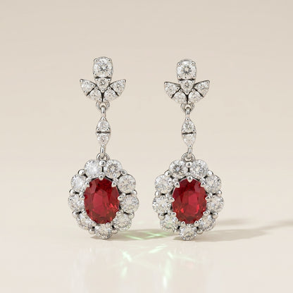 Aretes Largos Franceses de Rubí y Diamantes en Oro Blanco de 14K