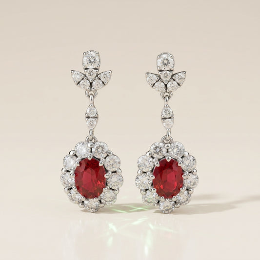 Aretes Largos Franceses de Rubí y Diamantes en Oro Blanco de 14K