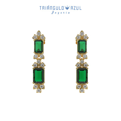 Aretes Largos de Esmeraldas 2.43 CTS y Diamantes 0.46 CTS en Oro Amarillo de 14K
