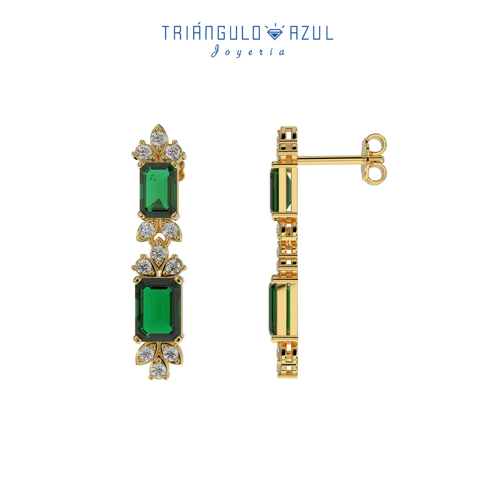 Aretes Largos de Esmeraldas 2.43 CTS y Diamantes 0.46 CTS en Oro Amarillo de 14K