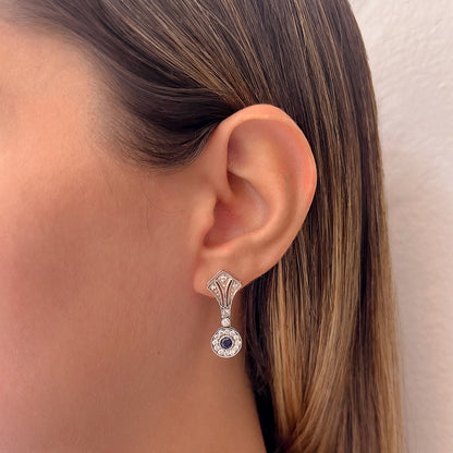 Aretes Vintage de Diamantes 0.57 CTS y Zafiros 0.74 CTS en Oro Amarillo de 14K