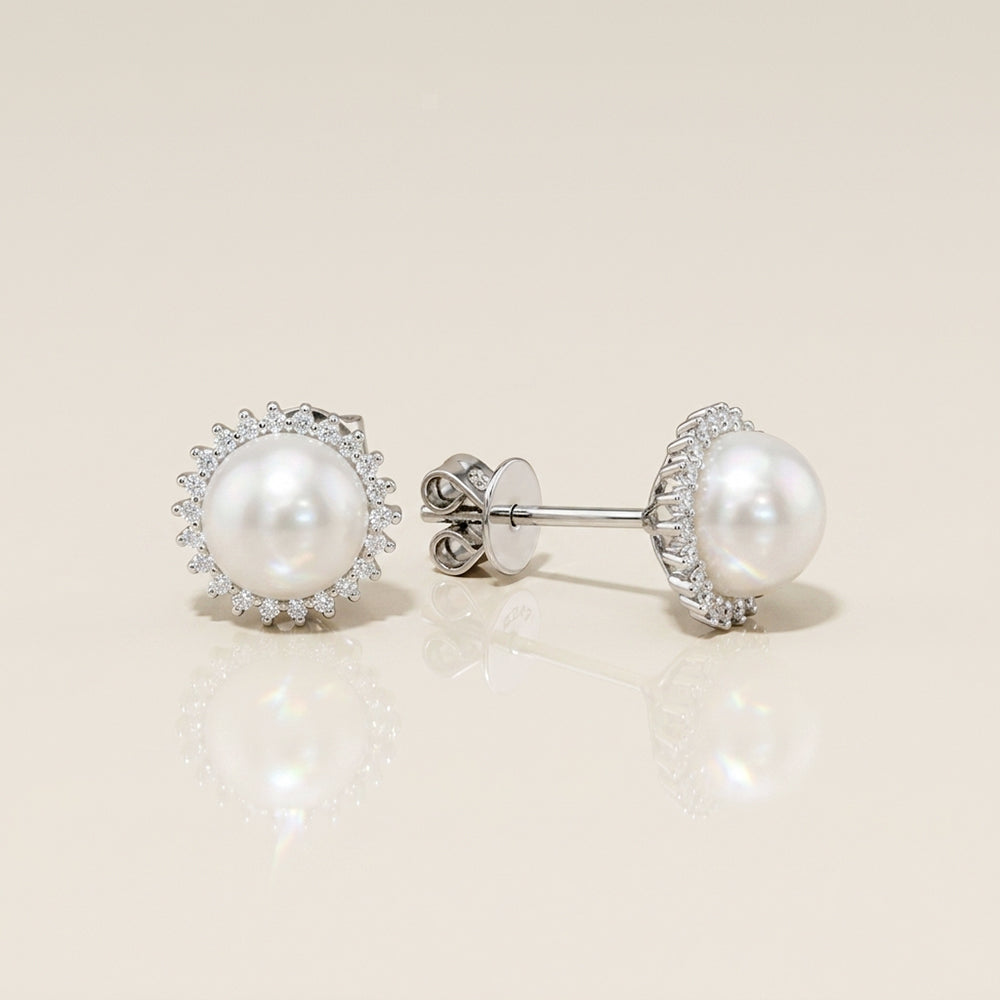 Aretes de Perlas y Diamantes en Oro Blanco de 18K