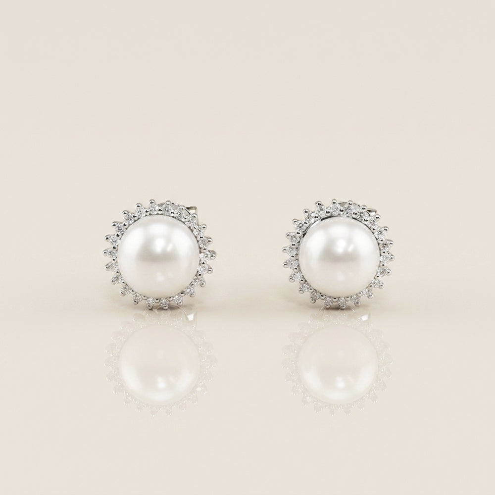 Aretes de Perlas y Diamantes en Oro Blanco de 18K