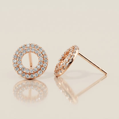 Aretes Doble Halo de Diamantes con 0.50 CTS Total en Oro Rosa de 14K