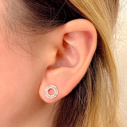 Aretes Doble Halo de Diamantes con 0.50 CTS Total en Oro Rosa de 14K