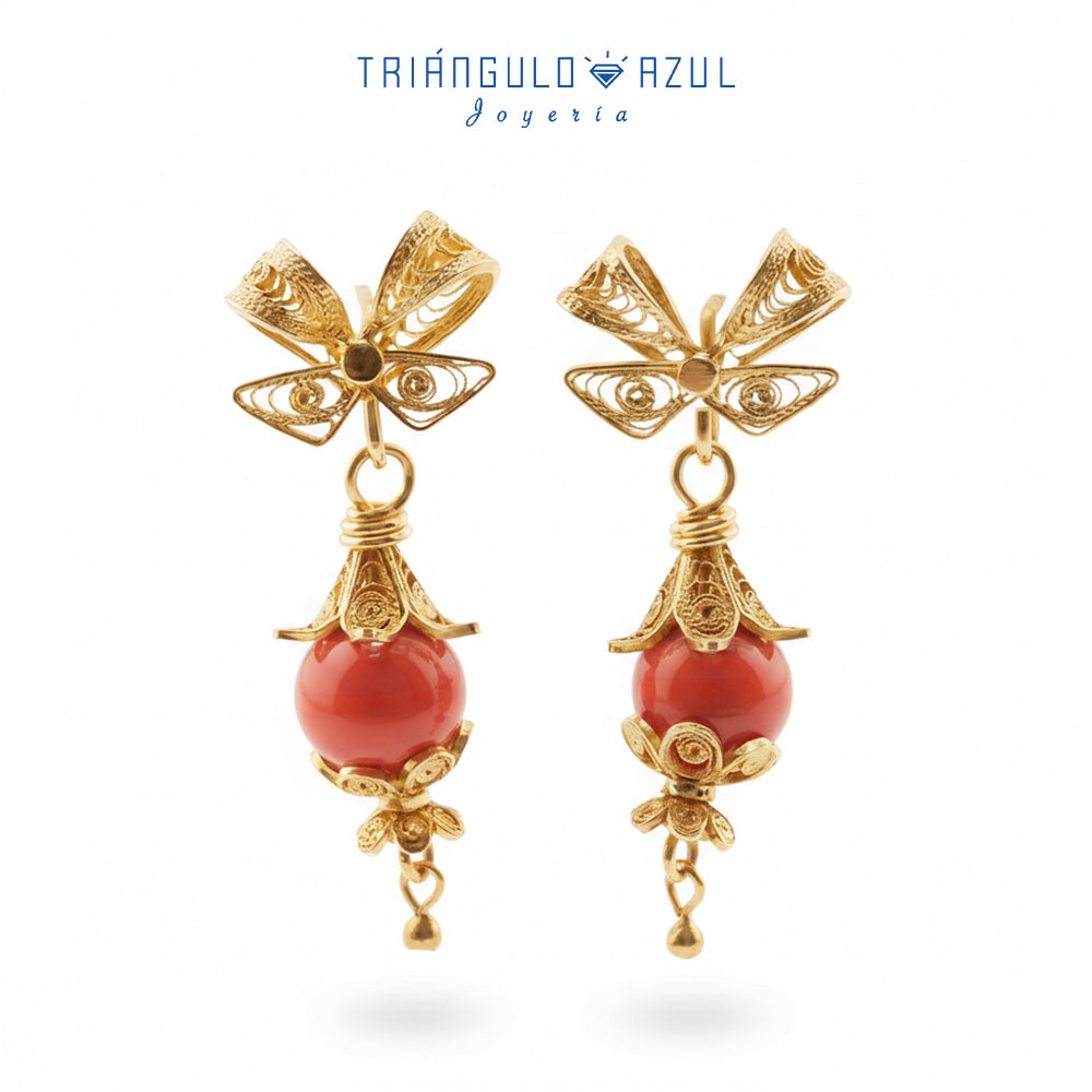 Aretes Filigrana Colgante con Coral en Oro Amarillo de 9K
