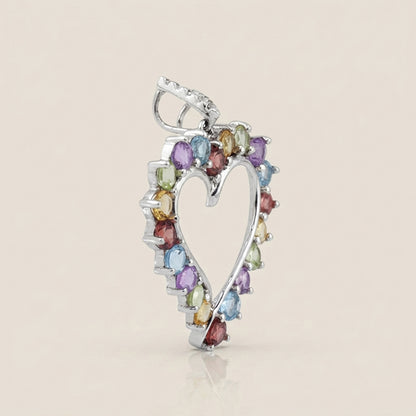 Dije Corazón con Piedras Semipreciosas y Diamantes en Oro Blanco de 14K