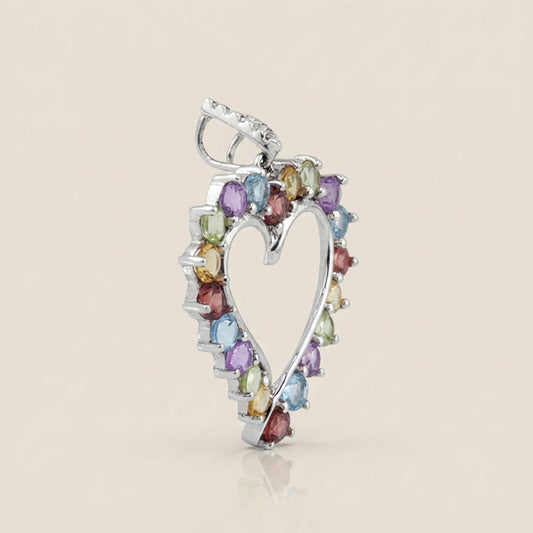 Dije Corazón con Piedras Semipreciosas y Diamantes en Oro Blanco de 14K