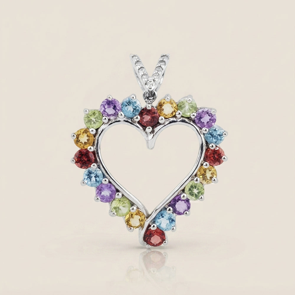 Dije Corazón con Piedras Semipreciosas y Diamantes en Oro Blanco de 14K