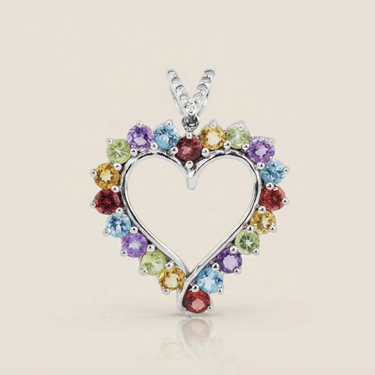 Dije Corazón con Piedras Semipreciosas y Diamantes en Oro Blanco de 14K