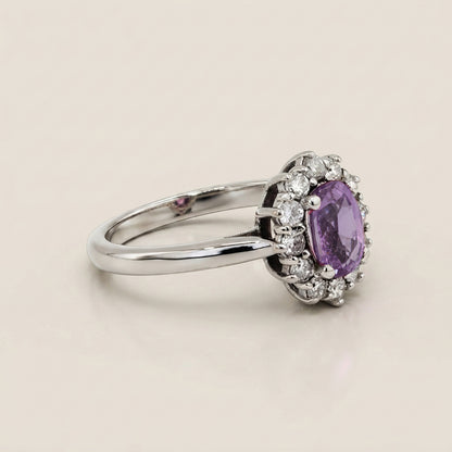 Lady D con Zafiro Rosa y Diamantes en Oro Blanco de 14K