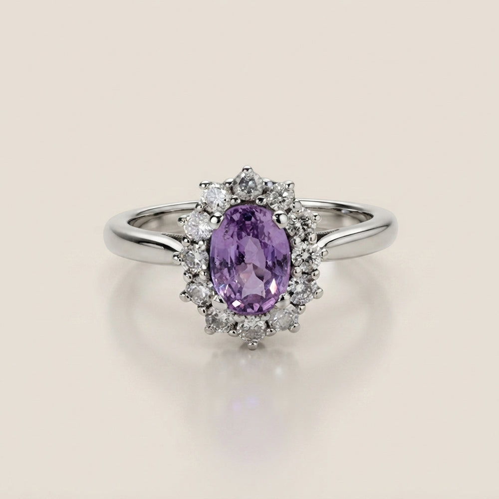 Lady D con Zafiro Rosa y Diamantes en Oro Blanco de 14K