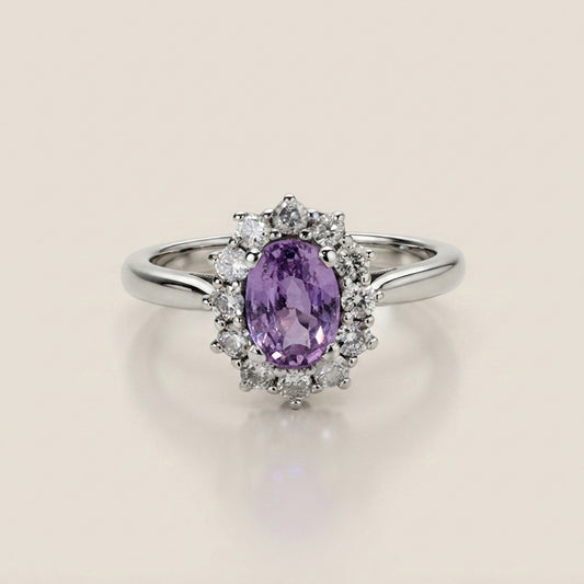 Lady D con Zafiro Rosa y Diamantes en Oro Blanco de 14K