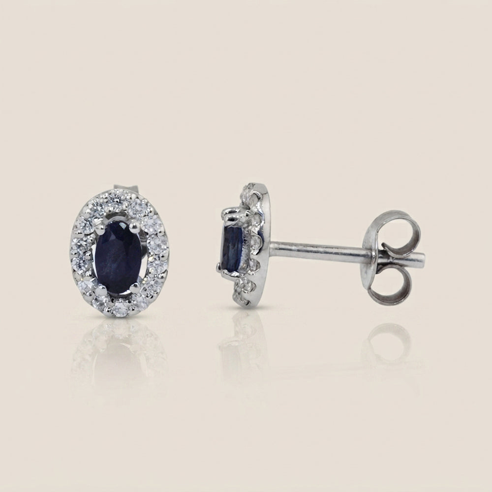 Aretes Halo con Zafiros y Diamantes en Oro Blanco de 14K