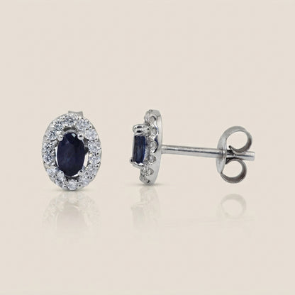Aretes Halo con Zafiros y Diamantes en Oro Blanco de 14K