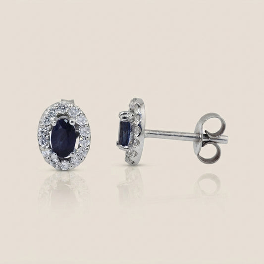 Aretes Halo con Zafiros y Diamantes en Oro Blanco de 14K