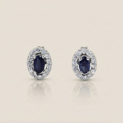 Aretes Halo con Zafiros y Diamantes en Oro Blanco de 14K