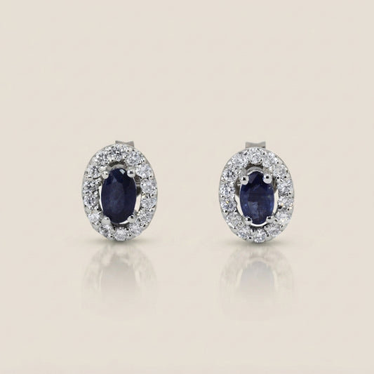 Aretes Halo con Zafiros y Diamantes en Oro Blanco de 14K