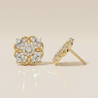 Aretes Estilo Flor con Diamantes con 0.68 CTS Total en Oro Amarillo de 14K