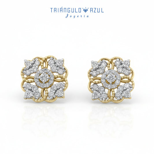 Aretes Estilo Flor con Diamantes con 0.68 CTS Total en Oro Amarillo de 14K