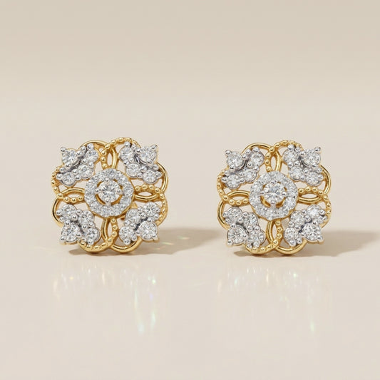 Aretes Estilo Flor con Diamantes en Oro Amarillo de 14K