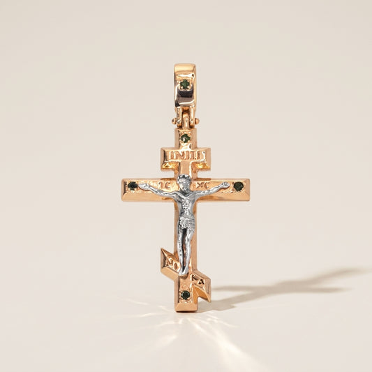 Dije Cruz de Esmeraldas en Oro Amarillo y Blanco de 14K