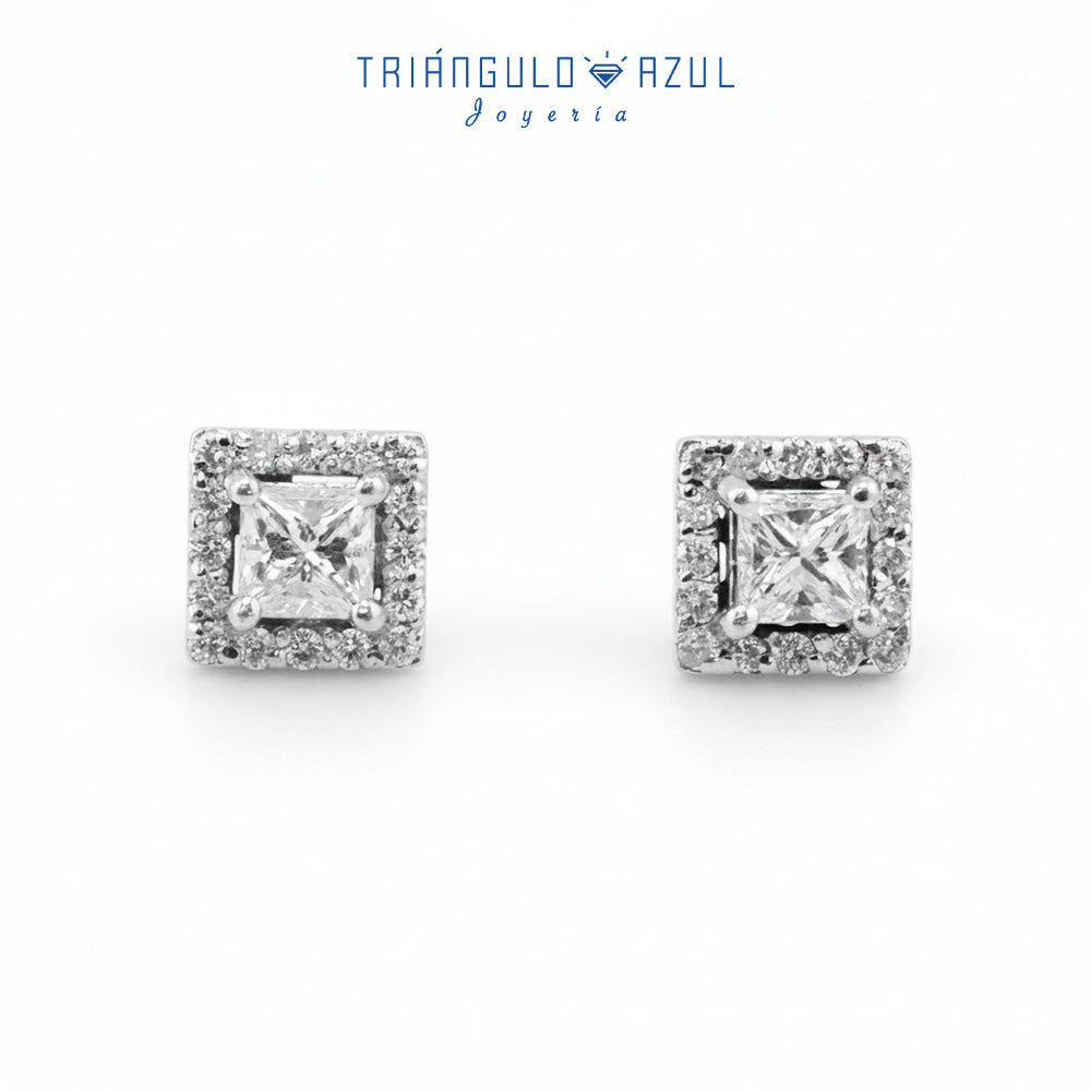 Aretes Halo Princesa de Diamantes con 1.14 CTS Total en Oro Blanco de 14K