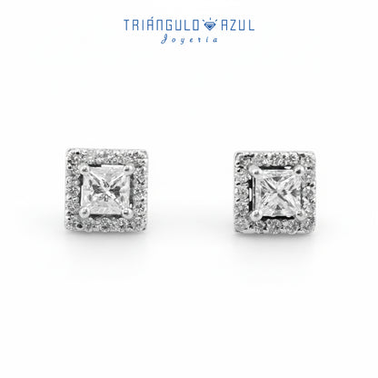 Aretes Halo Princesa de Diamantes con 1.14 CTS Total en Oro Blanco de 14K