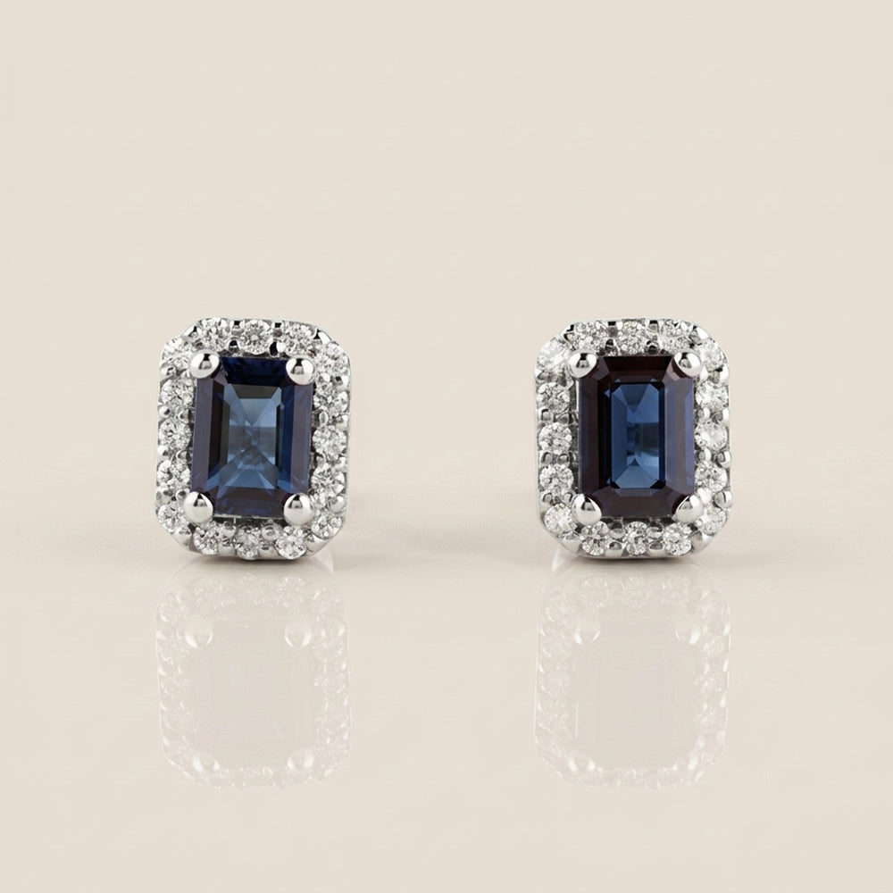 Aretes Andy con Zafiro y Diamantes en oro Blanco de 14K