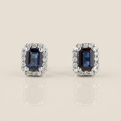 Aretes Andy con Zafiro y Diamantes en oro Blanco de 14K