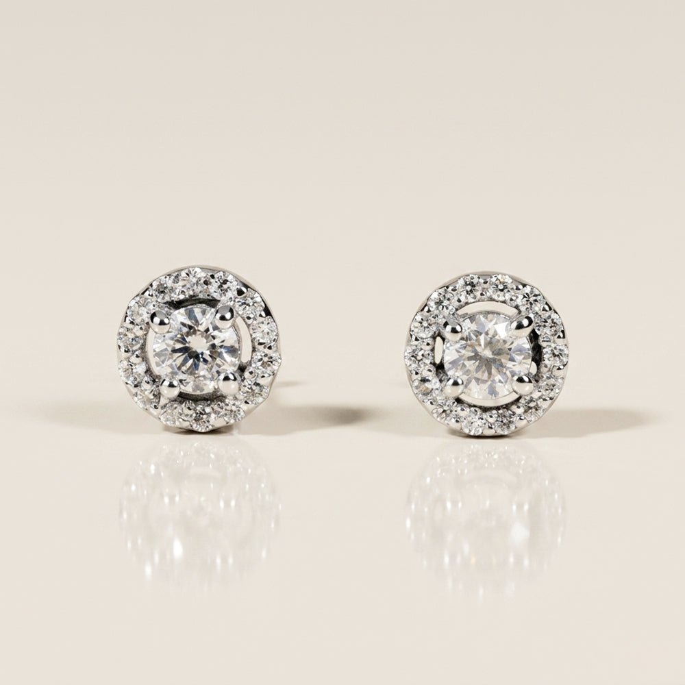 Broqueles Halo de Diamantes en Oro Blanco de 14K