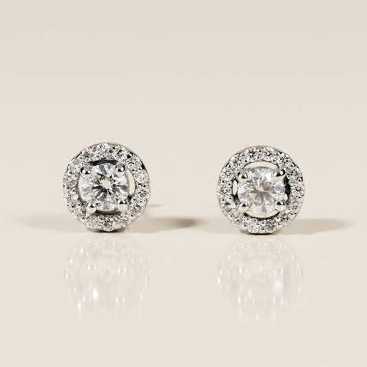 Broqueles Halo de Diamantes en Oro Blanco de 14K