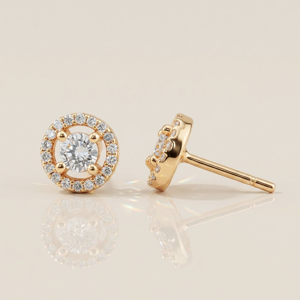 Broqueles Halo de Diamantes con 0.58 CTS Total en Oro Amarillo de 14K