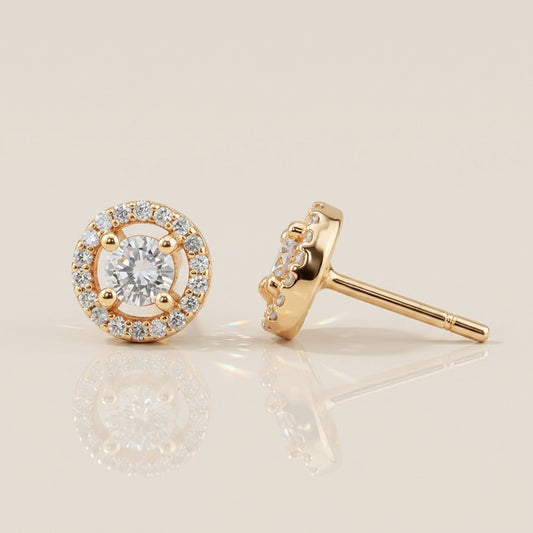 Broqueles Halo de Diamantes en Oro Amarillo de 14K