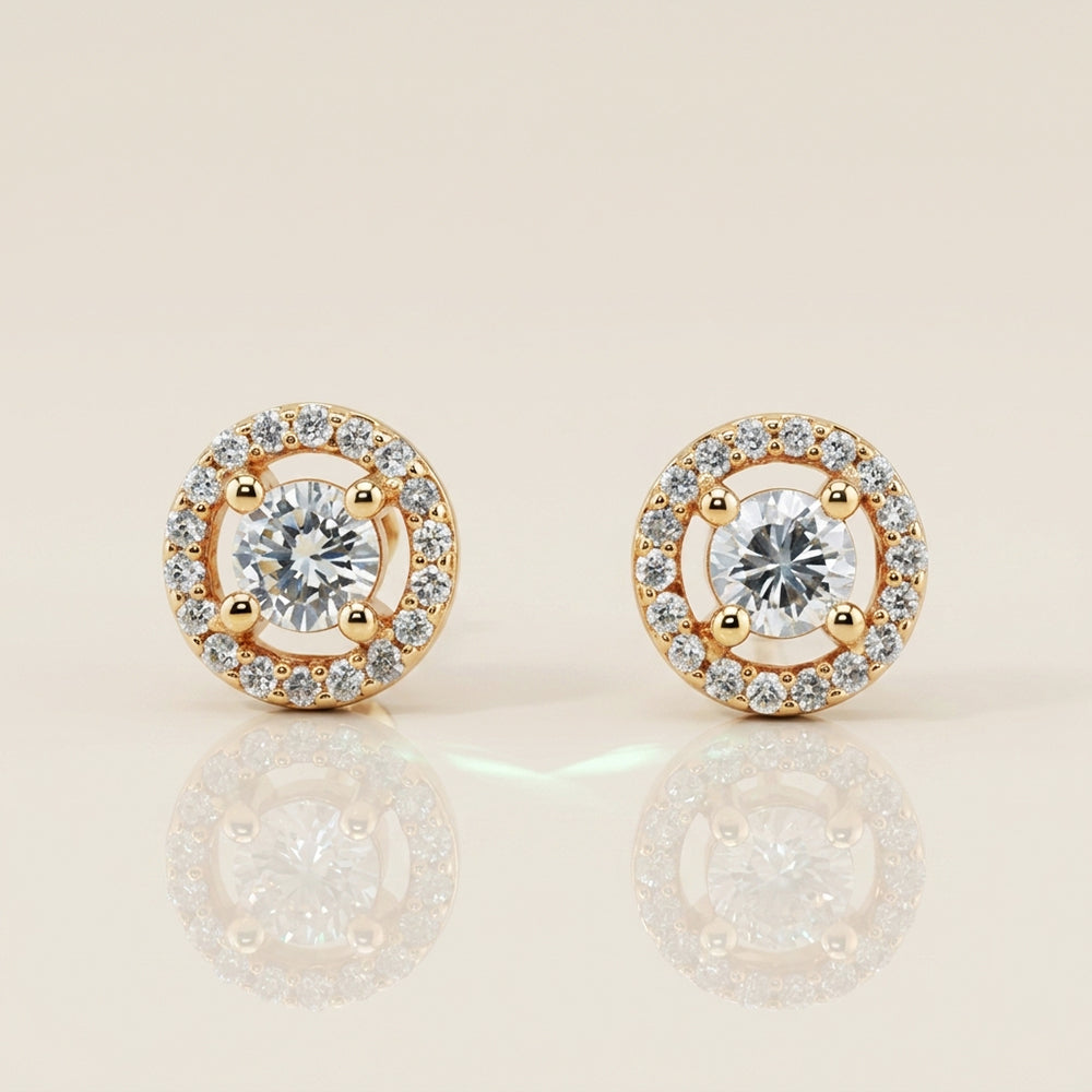 Broqueles Halo de Diamantes con 0.58 CTS Total en Oro Amarillo de 14K