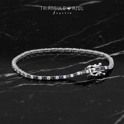 Pulsera Tenis Doble Eslabón con Diamantes con 1.00 CTS Total y Zafiros con 1.05 CTS Total en Oro Blanco de 14K