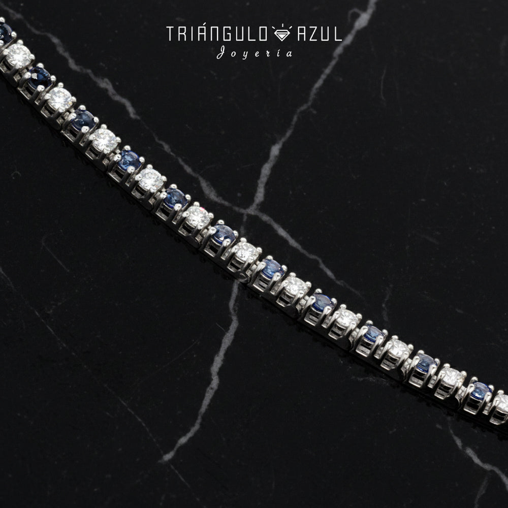 Pulsera Tenis Doble Eslabón con Diamantes con 1.00 CTS Total y Zafiros con 1.05 CTS Total en Oro Blanco de 14K