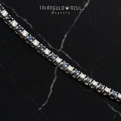 Pulsera Tenis Doble Eslabón con Diamantes con 1.00 CTS Total y Zafiros con 1.05 CTS Total en Oro Blanco de 14K