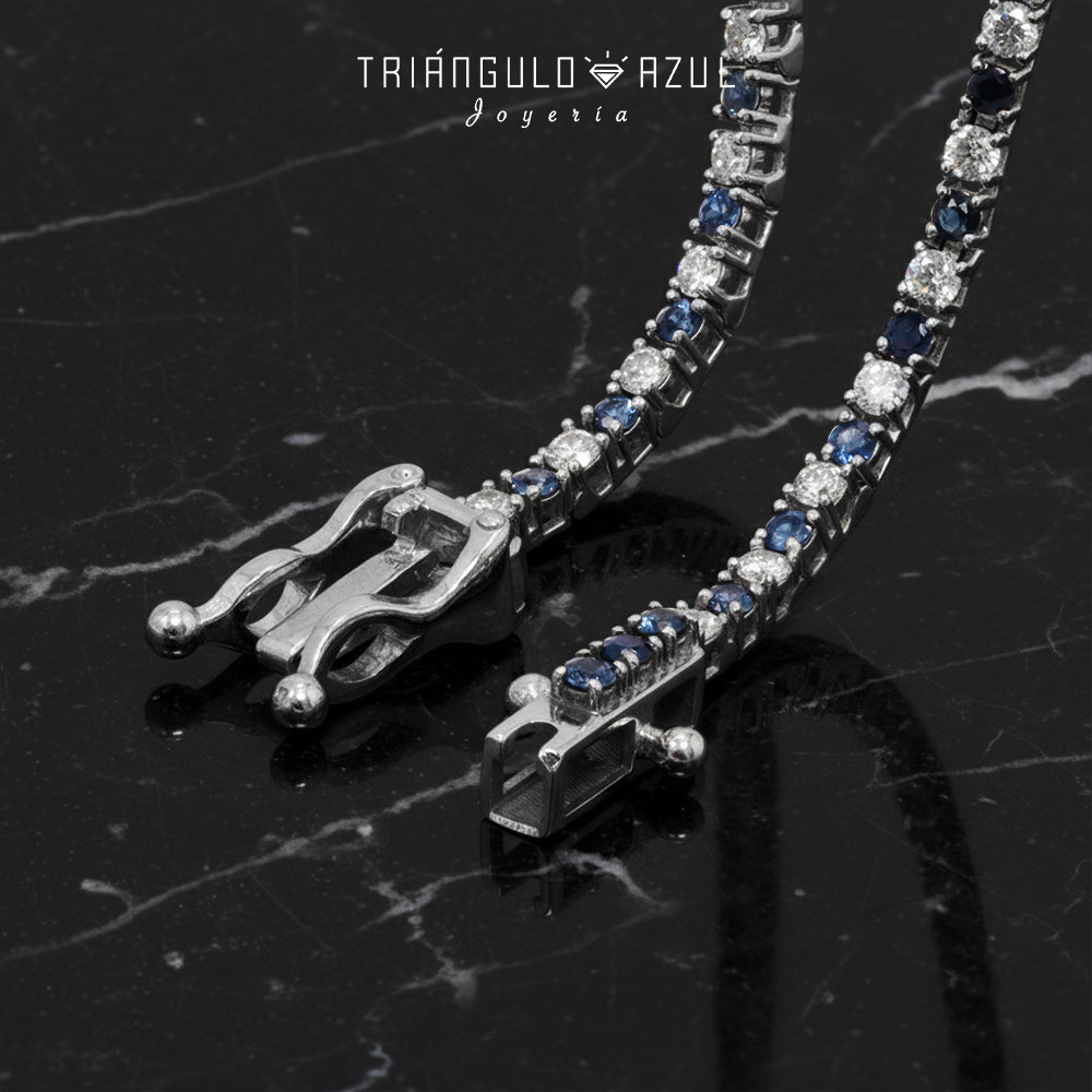 Pulsera Tenis Doble Eslabón con Diamantes con 1.00 CTS Total y Zafiros con 1.05 CTS Total en Oro Blanco de 14K