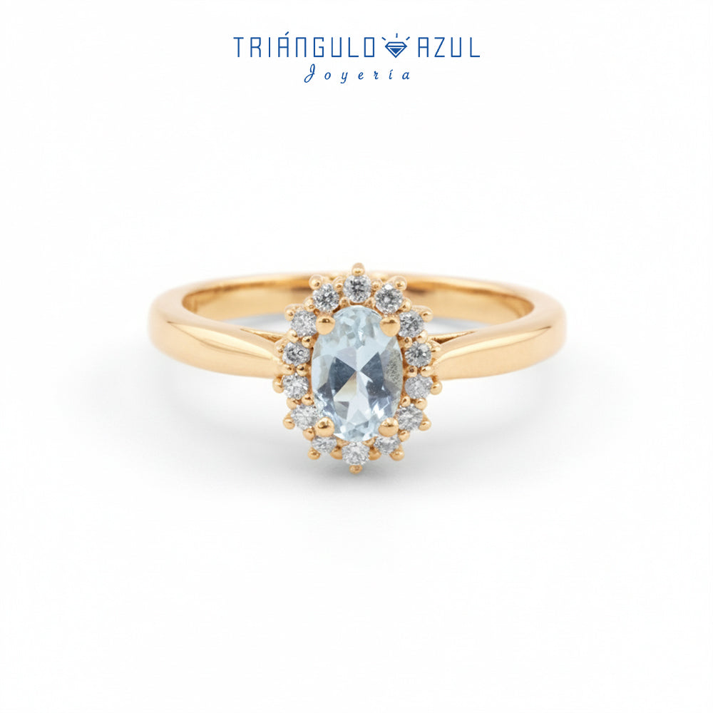 Anillo Lady D con Aquamarina de 0.40 CTS Total y Diamantes con 0.14 CTS Total en Oro Amarillo de 14K
