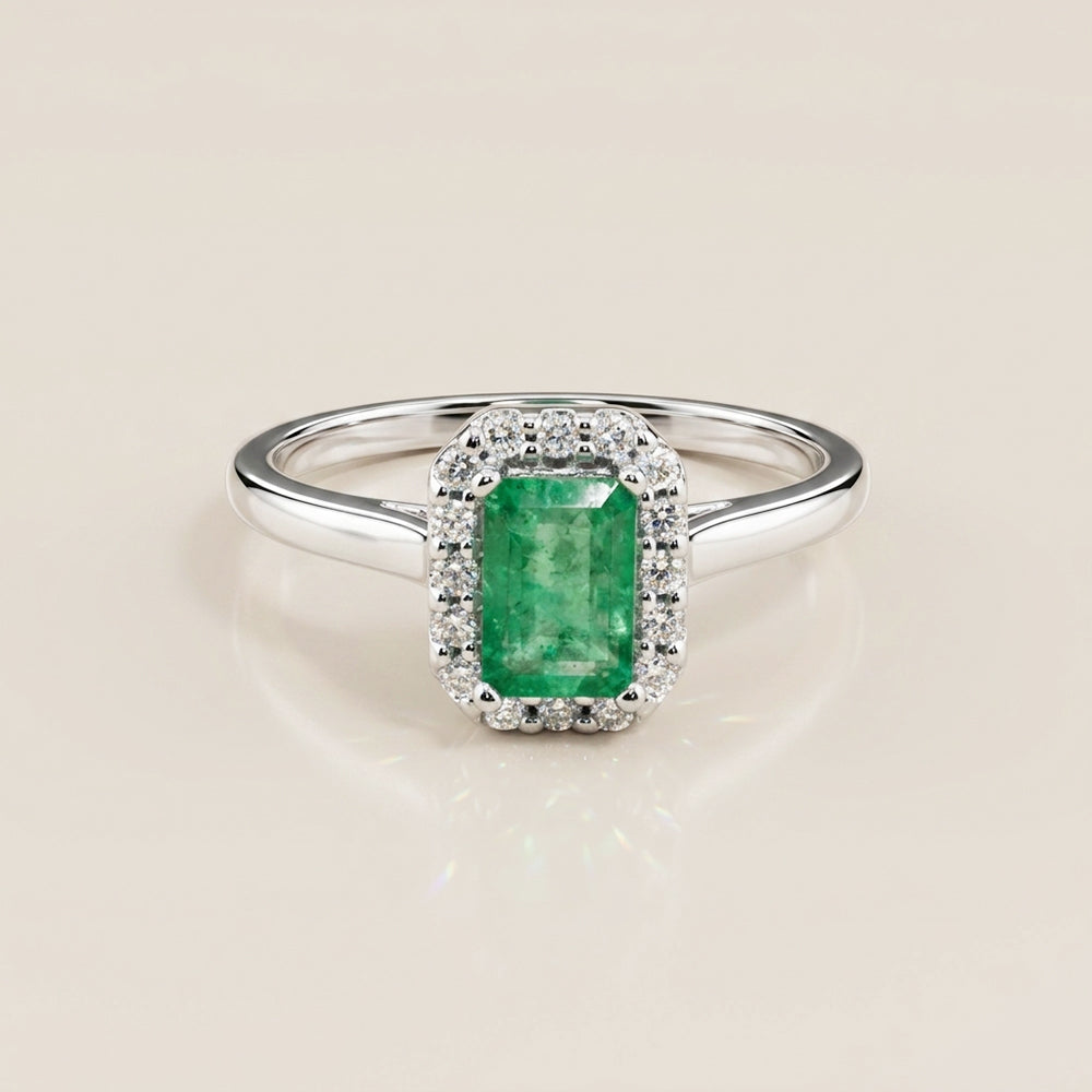 Anillo Andy con Esmeralda y Diamantes en Oro Blanco de 14K