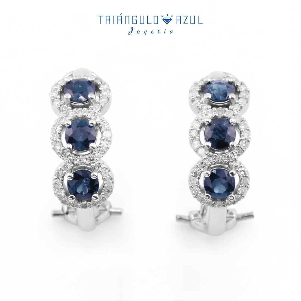 Aretes Halo con Zafiros con 1.30 CTS Total y Diamantes con 0.56 CTS Total en Oro Blanco de 14K