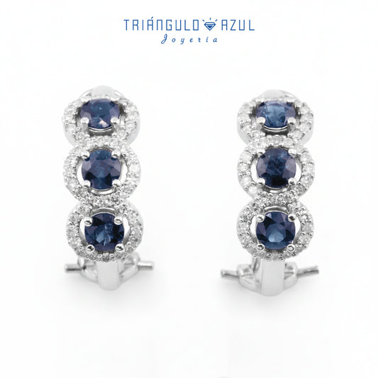 Aretes Halo con Zafiros con 1.30 CTS Total y Diamantes con 0.56 CTS Total en Oro Blanco de 14K