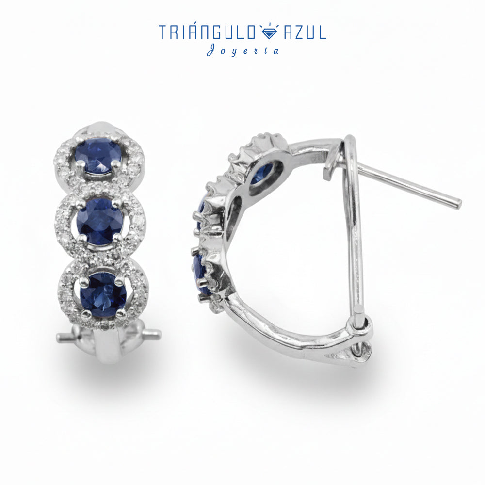 Aretes Halo con Zafiros con 1.30 CTS Total y Diamantes con 0.56 CTS Total en Oro Blanco de 14K