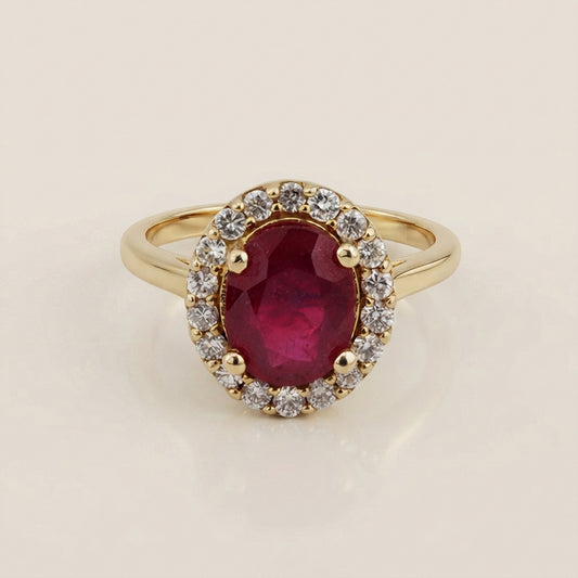 Anillo Tipo Andy con Rubí y Diamantes en Oro Amarillo de 14K