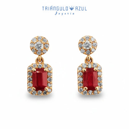 Aretes Andy de Rubí Colgantes con 1.44 CTS Total y Diamantes con 0.61 CTS Total en Oro Amarillo de 14K