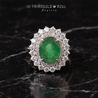 Anillo de Esmeralda de 3.56 CTS y Diamantes de 1.13 CTS Total en Oro Blanco de 14K