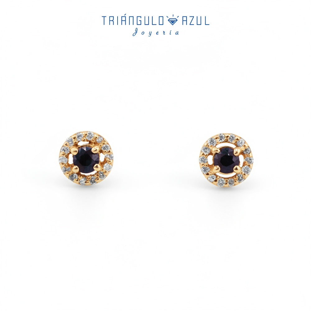 Aretes Halo de Zafiro con 0.32 CTS Total y Diamantes con 0.14 CTS Total en Oro Amarillo de 14K