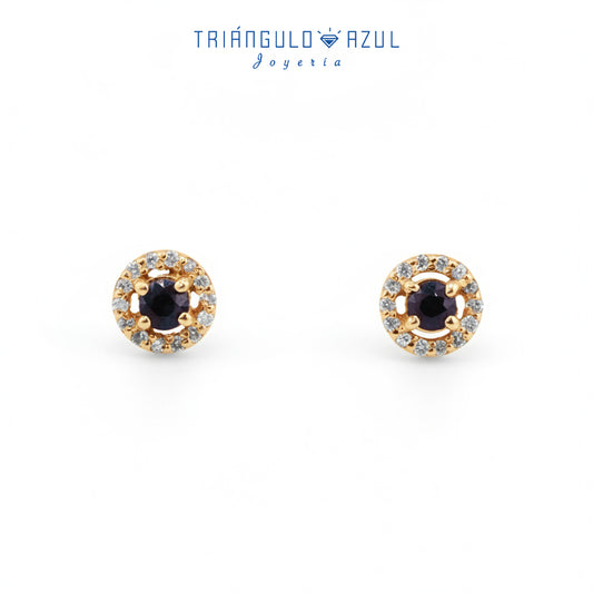 Aretes Halo de Zafiro con 0.32 CTS Total y Diamantes con 0.14 CTS Total en Oro Amarillo de 14K