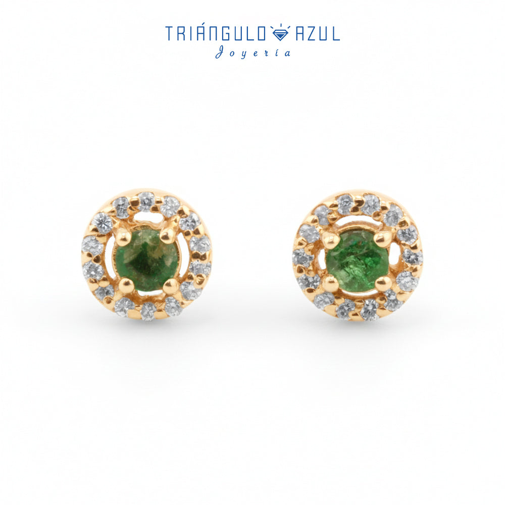 Broqueles Halo de Esmeralda con 0.30 CTS Total y Diamantes con 0.14 CTS Total en Oro Amarillo de 14K